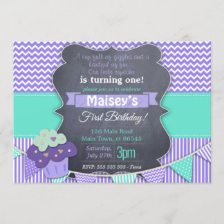 Purple Girls Cupcake Blackboard 1st Birthday Invitation