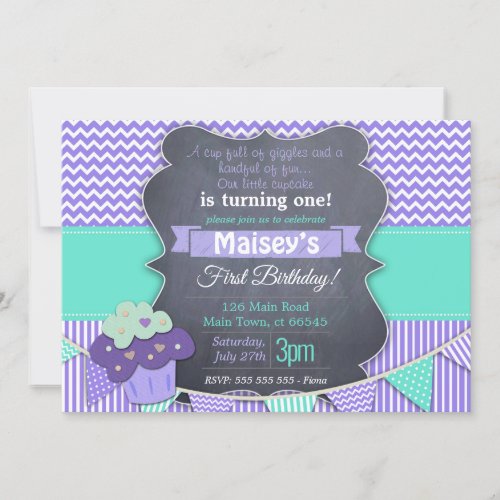 Purple Girls Cupcake Blackboard 1st Birthday Invitation