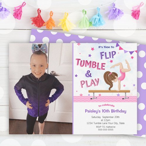 Purple Girls Gymnastics Photo Birthday Party Invitation