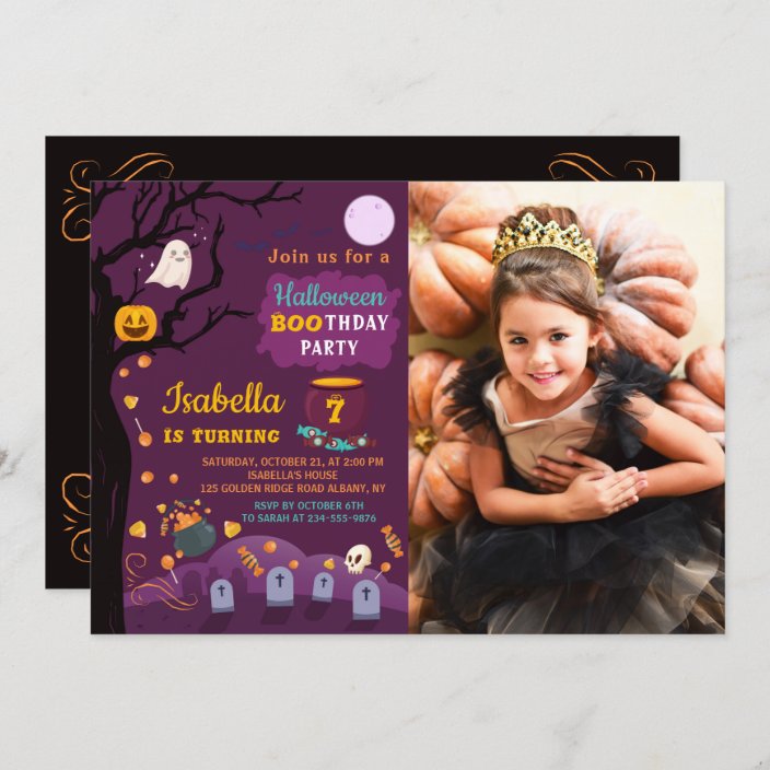 Purple Girls Halloween Birthday Party Photo Invitation | Zazzle.com