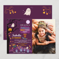Purple Girls Halloween Birthday Party Photo Invitation