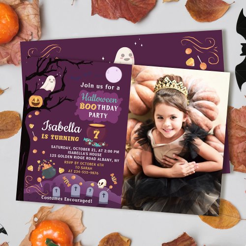 Purple Girls Halloween Birthday Party Photo Invitation