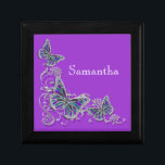 Purple girls name elegant butterfly jewelry box<br><div class="desc">An Elegant, classy and stylish design of FAUX butterflies with wings in shades of lapis, aqua blue, lavender, lilac and mauve are set against a silver flower swirl. CUSTOMIZE IT - Change the wording; the background color and feel free to add or delete templates by using the "customize it" button....</div>
