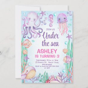 Purple Girls Under The Sea Octopus Birthday Invitation