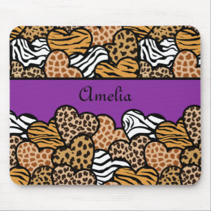 Purple Girly animal print hearts with a name Mouse Pad