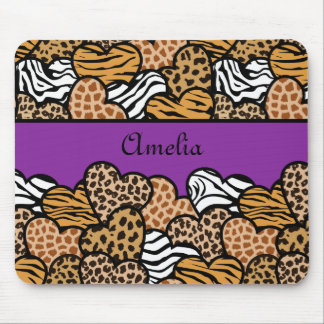 Purple Girly animal print hearts with a name Mouse Pad