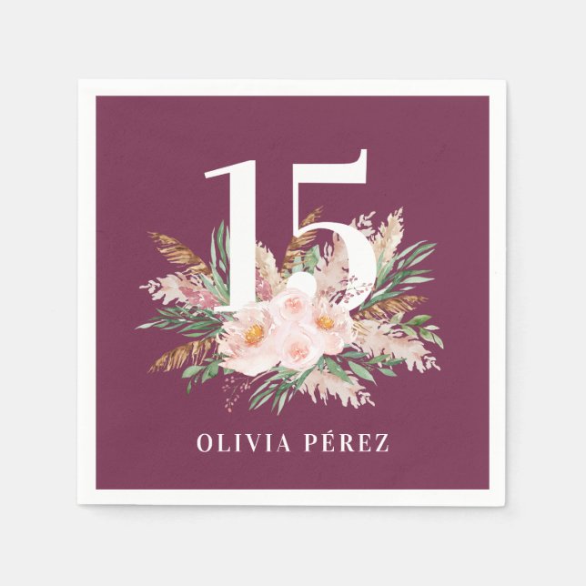 Purple girly floral pampas grass modern birthday napkins (Front)