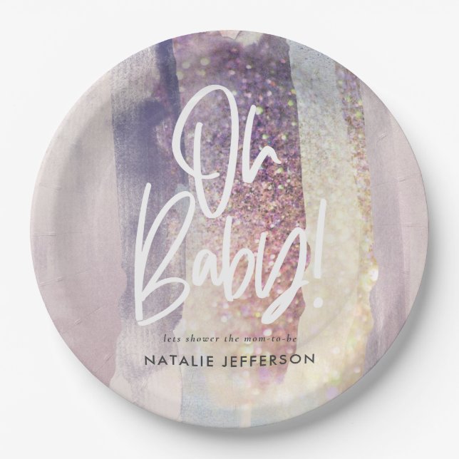 Purple girly giltter baby shower party paper plates (Front)