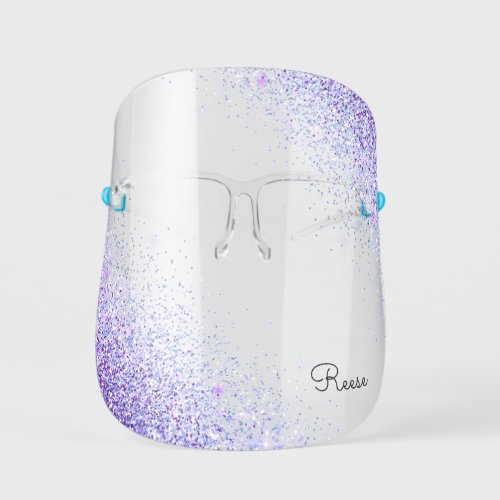 Purple Girly Glitter Add Your Own Name Face Shield