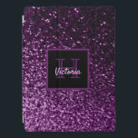 Purple girly glitter shiny glam monogrammed iPad pro cover<br><div class="desc">Deep purple faux glitter gradient.  For everyday glam and luxury. For teen girls and women.  A black and purple frame with space for your name and monogram letter. The name is written in light pink with a modern hand lettered style script.  The monogram letter in purple.</div>