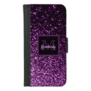 Purple girly glitter shiny glam monogrammed iPhone 8/7 wallet case
