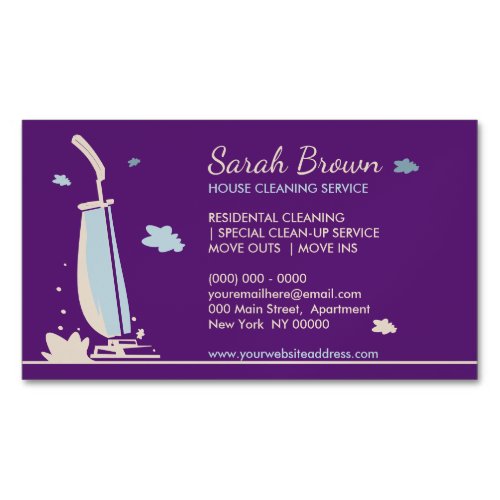 Purple Girly Vacuum Cleaner House Cleaning Service Business Card Magnet