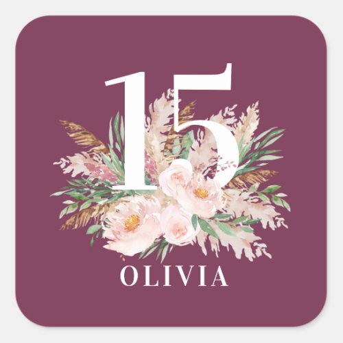 Purple girly watercolor floral elegant birthday square sticker