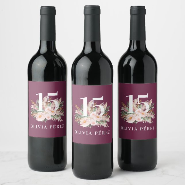 Purple girly watercolor floral elegant birthday wine label (Bottles)