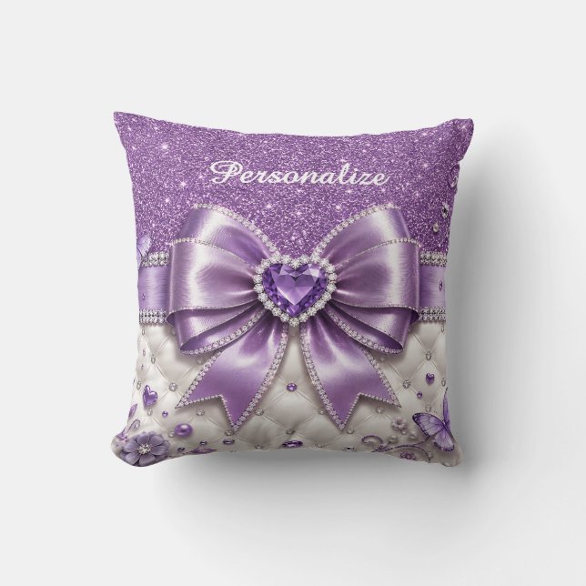 Purple Glam Bow Heart Personalized Design Throw Pillow (Front)