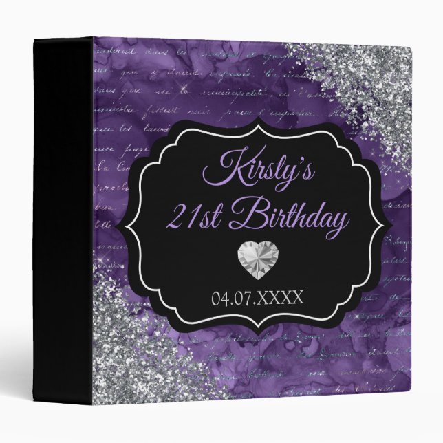 Purple Glam Glitter 21st Birthday Photo Album 3 Ring Binder (Front/Spine)