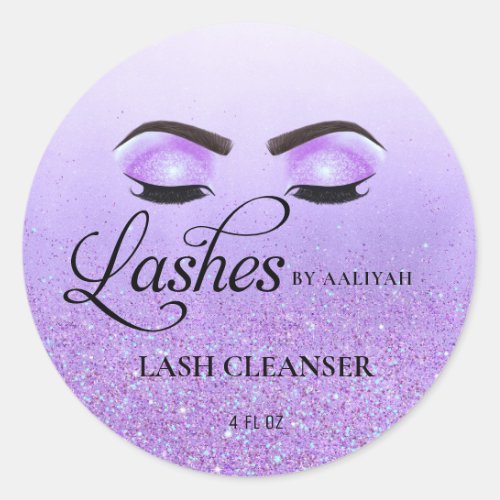 Purple Glam Glitter Eyelashes Lash Bath Cleanser Classic Round Sticker