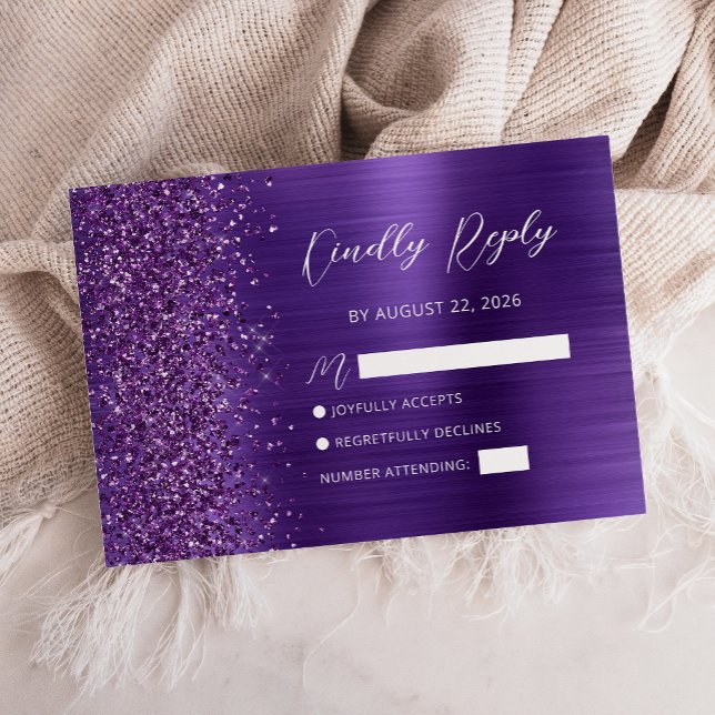 Purple Glam Glitter Script Wedding RSVP Card (Creator Uploaded)