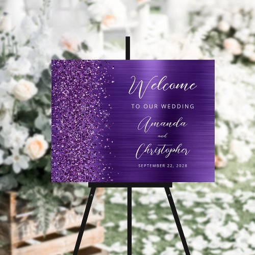 Purple Glam Glitter Script Wedding Welcome Foam Board