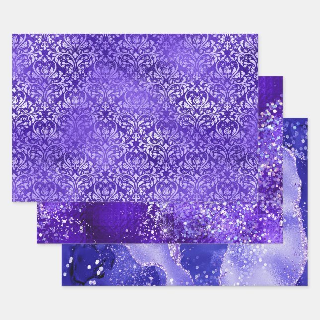 Purple Glam Glitter Sparkle Patterns Wrapping Paper Sheets (Set)