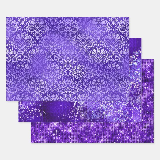 Purple Glam Glitter Sparkle Patterns Wrapping Paper Sheets (Set)