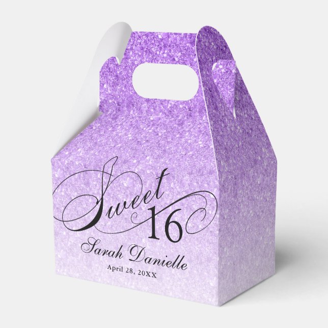 Purple Glam Glitter Sweet 16 Custom Party Favor Boxes (Front Side)