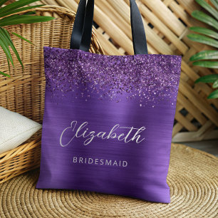 Purple Glam Metallic Modern Script Bridesmaid Tote Bag