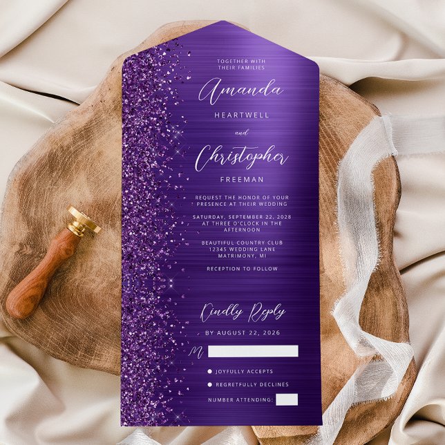 Purple Glam Metallic Modern Script Wedding All In One Invitation (Creator Uploaded)