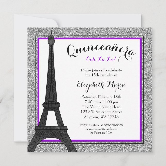 Purple Glam Paris Faux Silver Glitter Quinceanera Invitation (Front)