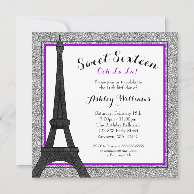 Purple Glam Paris Themed Faux Glitter Sweet 16 Invitation (Front)
