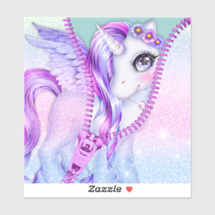 Purple Glam Pastel White Unicorn Peek-A-Boo Zipper Sticker