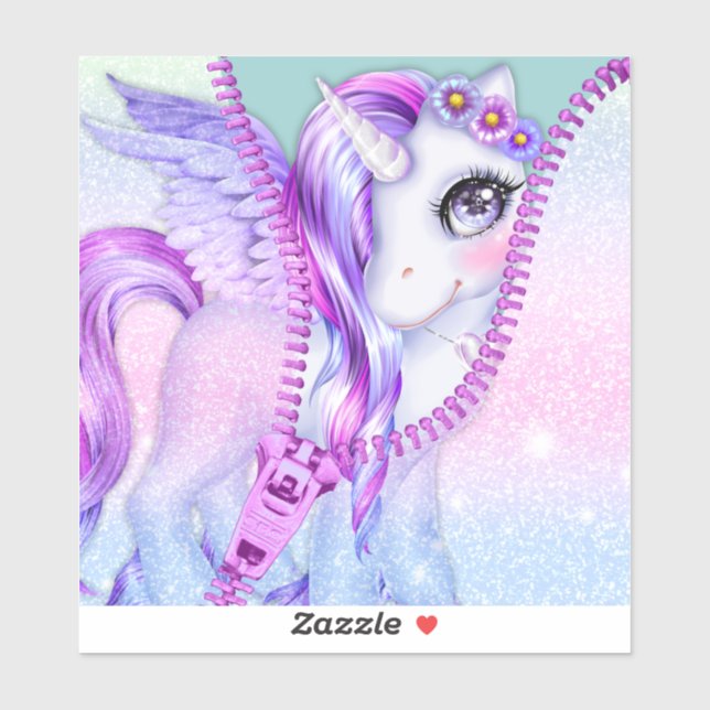 Purple Glam Pastel White Unicorn Peek-A-Boo Zipper Sticker (Sheet)