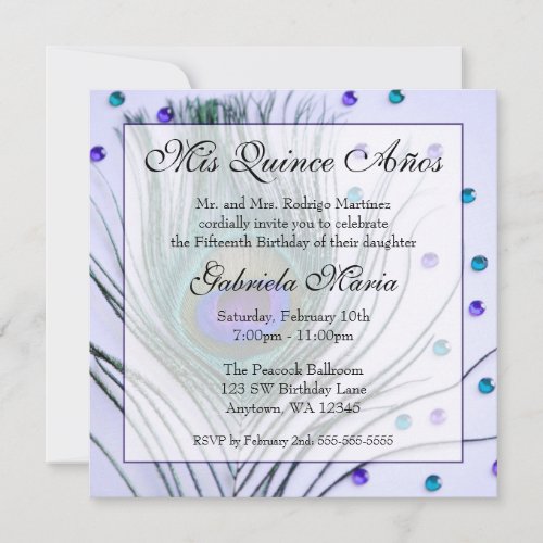 Purple Glam Peacock Feather Quinceanera Birthday Custom Invitation