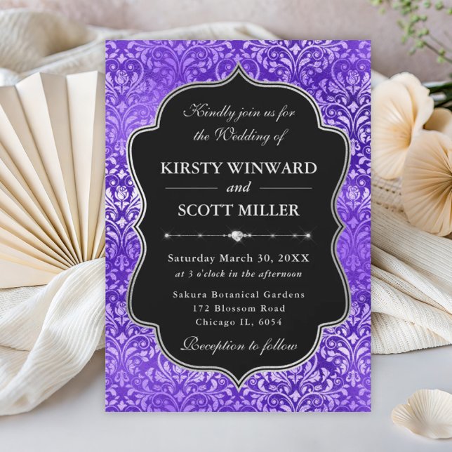 Purple Glam Sparkling Damask Elegant Wedding Invitation (Creator Uploaded)