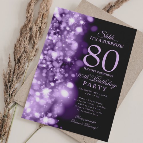 Purple Glam Surprise 80th Birthday Party Invitation