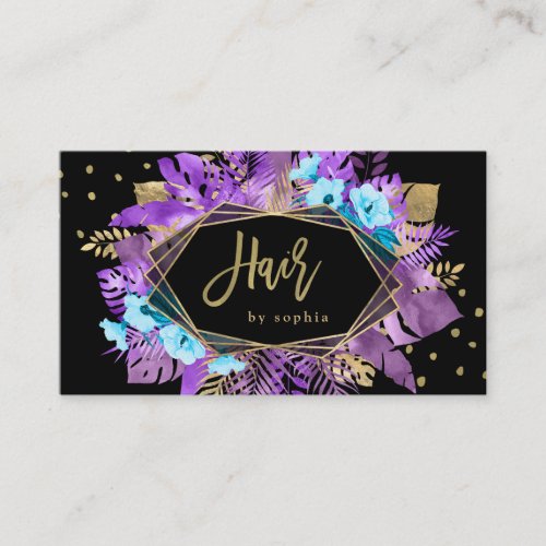 Purple Glam Tropical Gold Leaves on Black  Hair Business Card