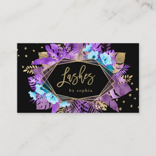 Purple Glam Tropical Gold Leaves on Black  Lashes Business Card