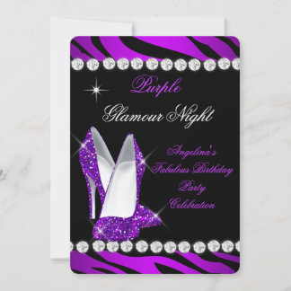 Purple Glamour Night Zebra Glitter Shoes Invitation