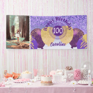 Purple Glitter 100th Birthday & Balloons  Banner