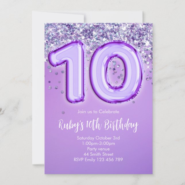Purple Glitter 10th Birthday Invitation (Front)