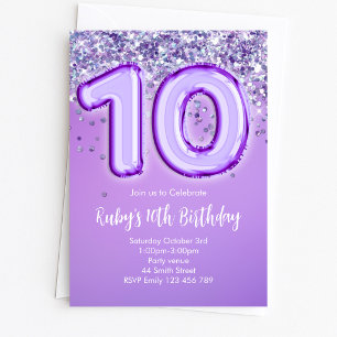 Purple Glitter 10th Birthday Invitation