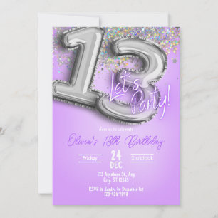 Purple Glitter 13th Birthday Invitation