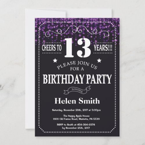 Purple Glitter 13th Birthday Invitation