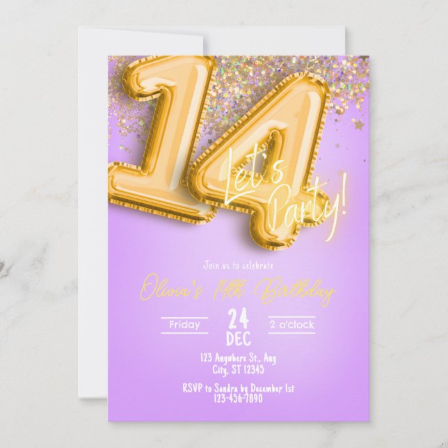 Purple Glitter 14th Birthday Invitation (Front)
