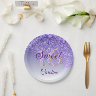 Purple Glitter, 16 Glitter, Sweet 16 Birthday Pape Paper Plates
