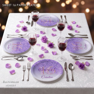 Purple Glitter, 16 Glitter, Sweet 16 Birthday Pape Paper Plates