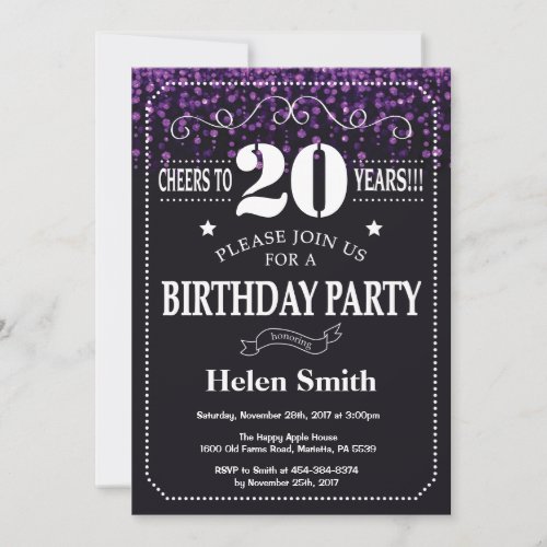 Purple Glitter 20th Birthday Invitation