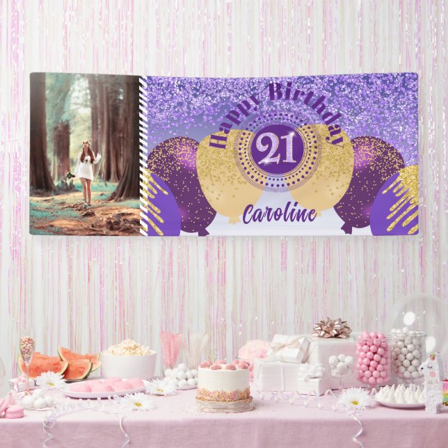 Purple Glitter 21st Birthday & Balloons  Banner (Party)