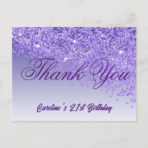 Purple Glitter 21st Birthday Thank You Postcard