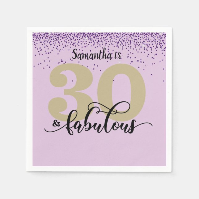 Purple Glitter 30 and Fabulous Birthday Party Napkins (Front)